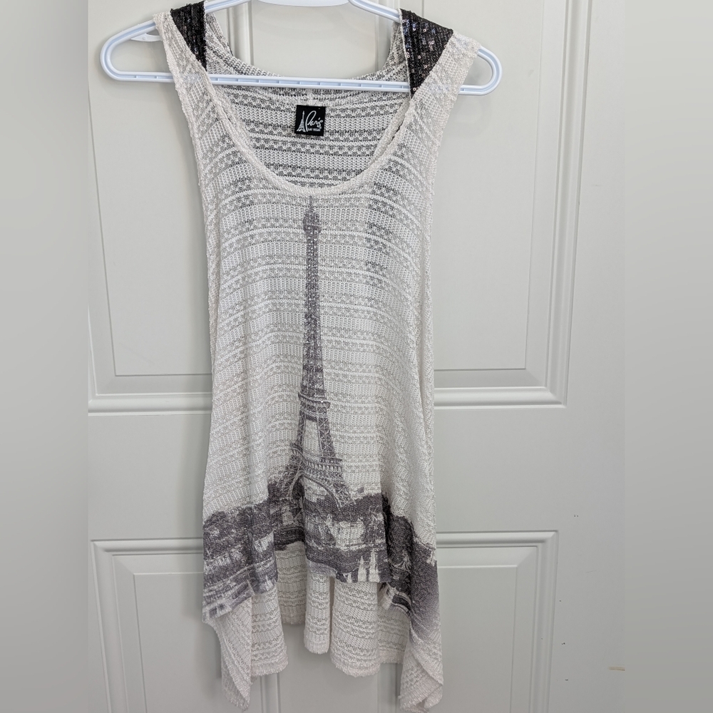 White and Gray Asymmetrical Graphic Tank Top with Hood